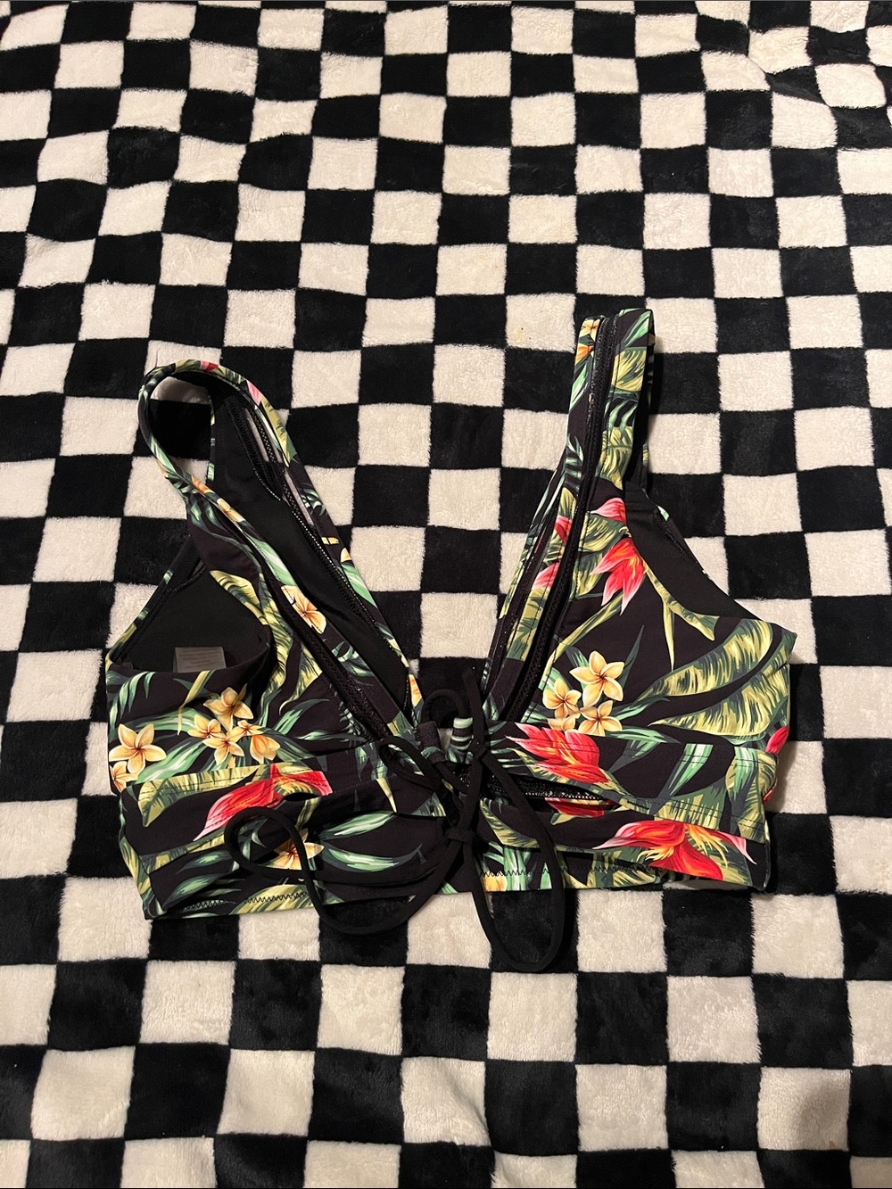 Calia Tropical Floral V-Neck Bikini Top - Black Base with Green & Red Print - Picture 3 of 3